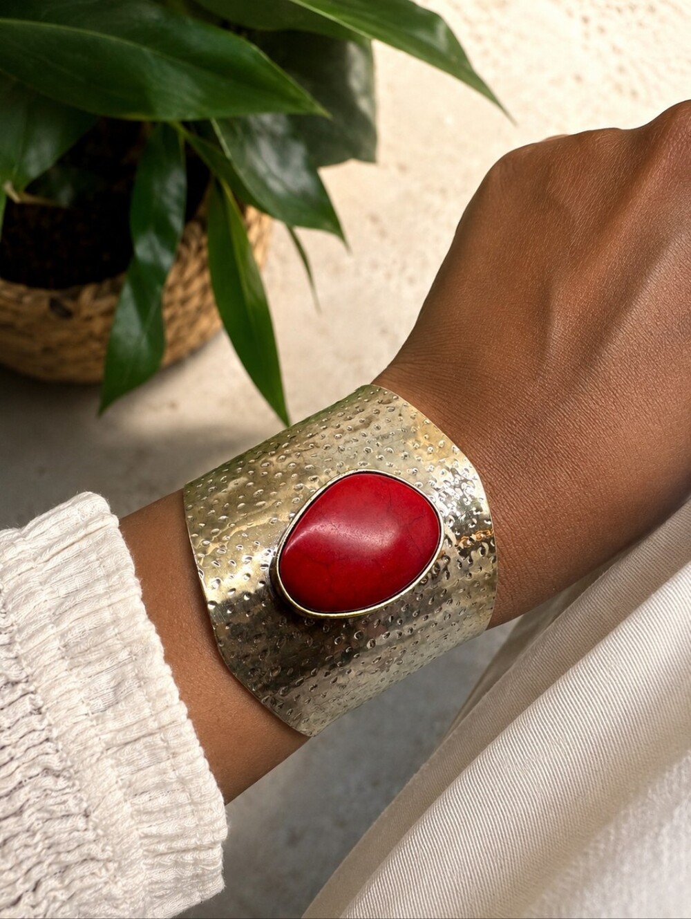 Hammered Metal Cuff Bracelet with Red Stone